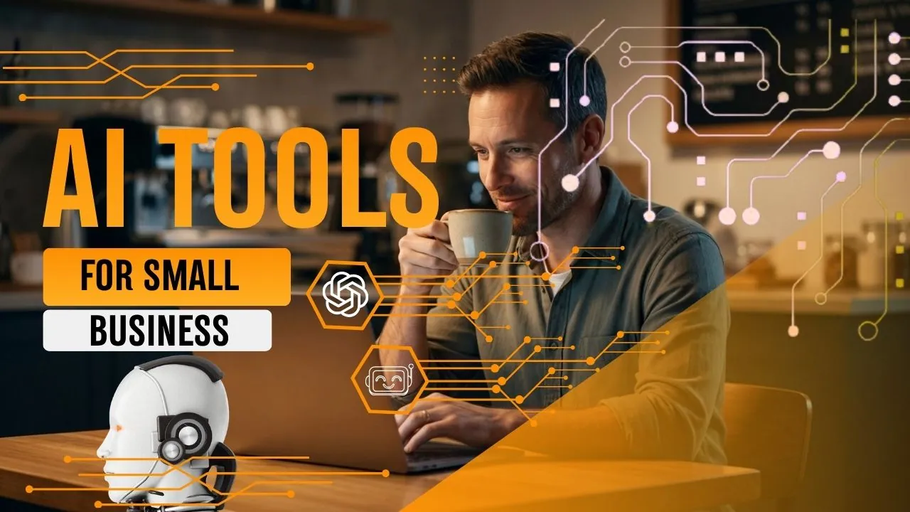 Small business owner using a laptop and AI tools in a modern cafe